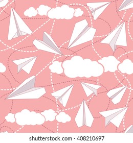 Paper planes flying in clouds. EPS8 vector illustration includes Pattern Swatch.