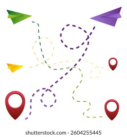 Paper planes flying. Dashed flight paths. Travel location pins. Vector air routes.
