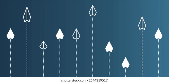 paper planes flying in formation in one direction on blue background and one paper glider flying ahead of others, leadership and management concept