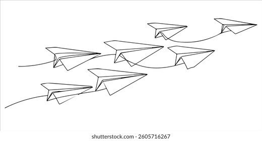 paper planes flying in formation in one direction continuous single line art drawing sketch on white background