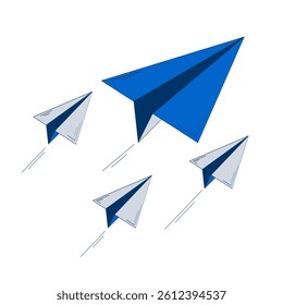Paper planes flying in forward motion 2D doodle object. Message delivery. Mail flight. Business vision cartoon element flat vector clipart isolated on white background. Hand drawn illustration