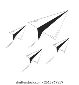 Paper planes flying in forward motion doodle linear object. Message delivery. Mail flight. Business vision 2D vector outline clip art drawing isolated on white. Hand drawn sketch illustration
