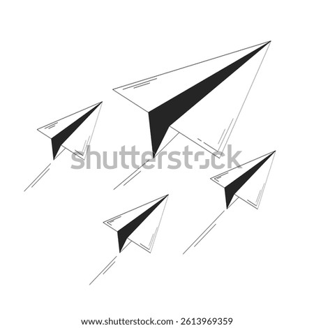 Paper planes flying in forward motion doodle linear object. Message delivery. Mail flight. Business vision 2D vector outline clip art drawing isolated on white. Hand drawn sketch illustration
