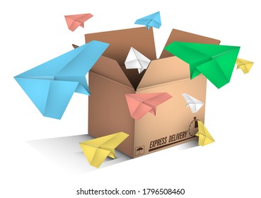 paper planes flying out of box labeled EXPRESS MAIL. Sending messages and delivering e-mail. Color vector