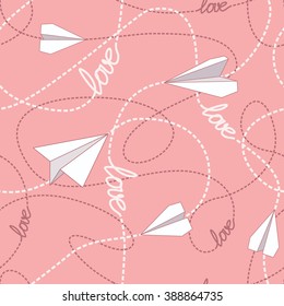 Paper planes flying over tangled lines seamless pattern. Romantic wrapping texture. EPS8 vector illustration.