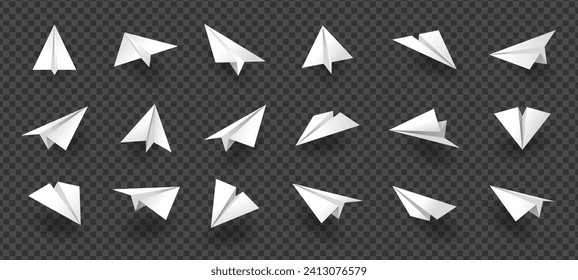 Paper planes. Folded origami air crafts, white abstract origami symbols, plane flight toy for kids. Vector collection of plane origami icon, aircraft fly paper illustration