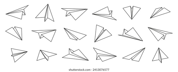 Paper planes icons. Folded origami aircraft, plane top and bottom, origami game variations. Thin paper art symbol collection. Vector set of airplane flight paper craft illustration