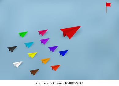 Paper planes Multi color are competing to destinations. Business Financial concepts are competing for success and corporate goals. There is a high competition.