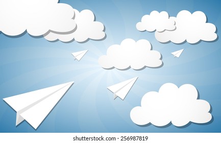 Paper planes on the background of sky and clouds, vector illustration