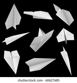 Paper planes on black background vector illustration.