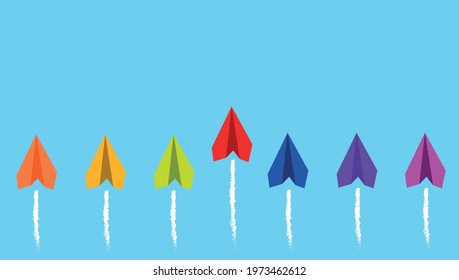 Paper planes on blue background, business concept.
red plane ahead leadership concept.
Vectorel design EPS 10.