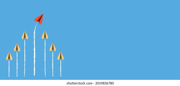 Planos de papel sobre fondo azul, concepto de negocio. el concepto de liderazgo del avión rojo por delante. Diseño de vehículos EPS 10.
