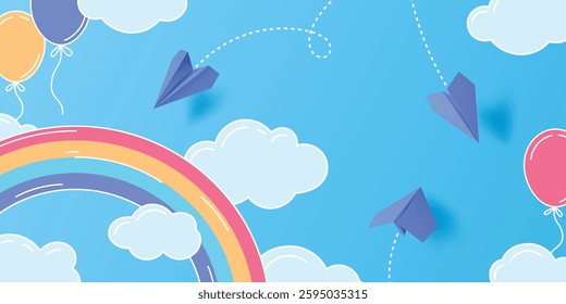 Paper planes on blue sky background. Vector realistic illustration of origami message, mail, travel symbols flying on backdrop with color rainbow and air balloons, school banner, tourism newsletter