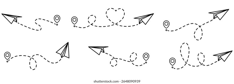 Paper planes routes with dotted line collection. Flying planes path with start point. Travel concept. Vector illustration isolated on white.