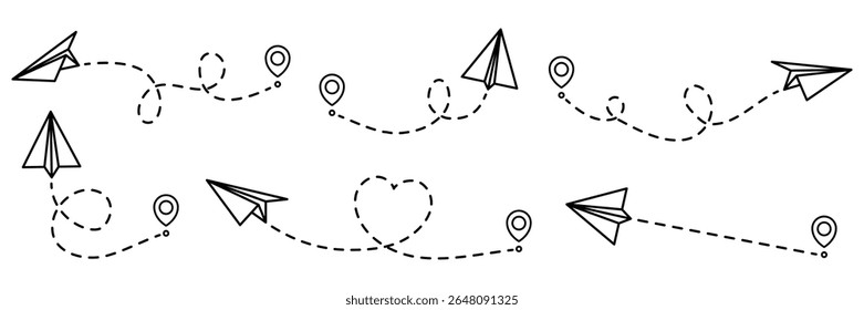 Paper planes routes with dotted line collection. Flying planes path with start point. Travel concept. Vector illustration isolated on white.