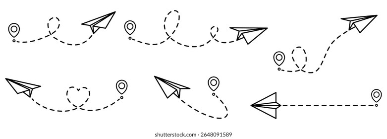 Paper planes routes with dotted line collection. Flying planes path with start point. Travel concept. Vector illustration isolated on white.
