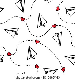 Paper planes seamless pattern with hearts love valentine concept