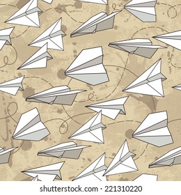 Paper planes seamless texture. Vector illustration. Grunge background with drops and splashes