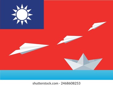 Paper planes and ship at the Taiwan flag background