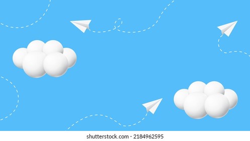 Paper planes in sky with clouds. Childhood background. Freedom