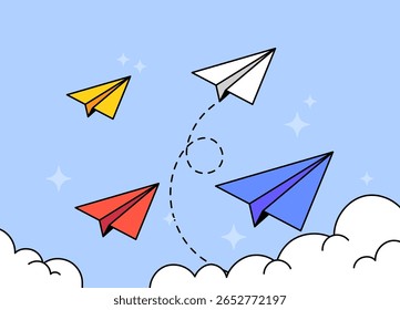 Aviões de papel voam através de um céu azul brilhante com nuvens dispersas e estrelas cintilantes ideais para representar criatividade, imaginação e liberdade na ilustração vetorial