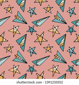 Paper planes and stars seamless pattern. Fine for stationery, kids fabric print, wrapping paper