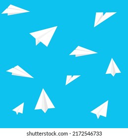 Los planos de papel y las líneas enredadas son un patrón sin fisuras. Envolviendo el fondo abstracto con aviones de origami y líneas discontinuas.  ilustración vectorial.