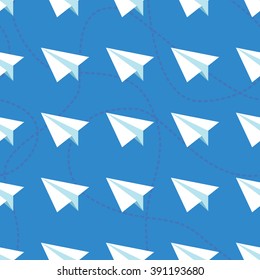 Paper planes and tangled lines seamless pattern. Wrapping texture with papercraft airplanes and dashed lines. EPS8 vector illustration.