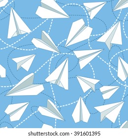 Paper planes and tangled lines seamless pattern. Repeating abstract background with origami airplanes and dashed lines. EPS8 vector illustration.