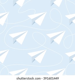 Paper planes and tangled lines seamless pattern. Repeating abstract background with origami airplanes and dashed lines. EPS8 vector illustration.