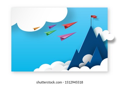 Paper planes teamwork flying to red flag on the top of mountains.Paper art of business landing page template background.Vector illustration.
