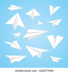Paper planes white color,  isolated, blue background. Handmade origami  paper plane. Vector, illustration, flat