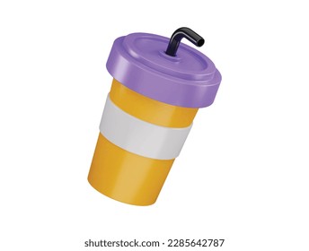 Paper plastic beverage cup with tube for soda juice coffee tea fast food icon 3d rendering 