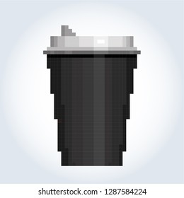 Paper or plastic black coffee cup with a white lid. Gray-blue gradient background. Pixel art.