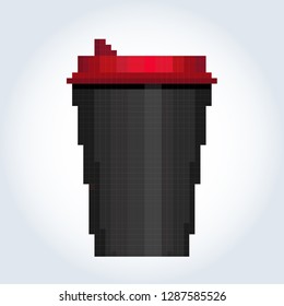 Paper or plastic black coffee cup with a red lid. Gray-blue gradient background. Pixel art.