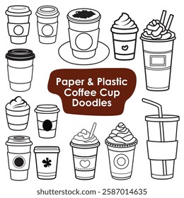 Paper and Plastic Coffee Cup Doodles - To-Go Coffee Clipart Vector Set