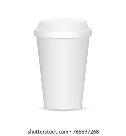 Paper or plastic coffee cup with empty fields isolated on white. Realistic 3D vector with transparent shadows. Blank mug mockup, isometric front view for branding. Disposable takeaway package.
