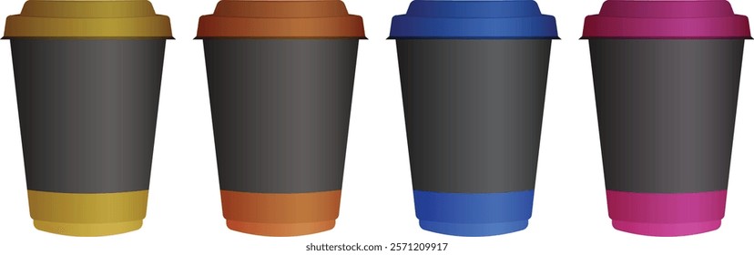 paper and plastic coffee cups in different colors. Vector 3D mockup