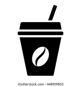 paper plastic coffee glass drink cup with straw and bean icon black on white backround