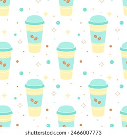 Paper or plastic cup with drink and coffee beans on background of colored confetti and stars, seamless pattern. Vector illustration