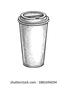 Paper or plastic cup with lid. Coffee or tea. Ink sketch mockup isolated on white background. Hand drawn vector illustration. Retro style.