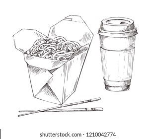 Paper or plastic disposable cup with drink and noodles box with chopsticks icons set. Monochrome sketch style vector illustration for takeaway fast food.