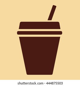 paper plastic drink glass with straw brown icon on creme background