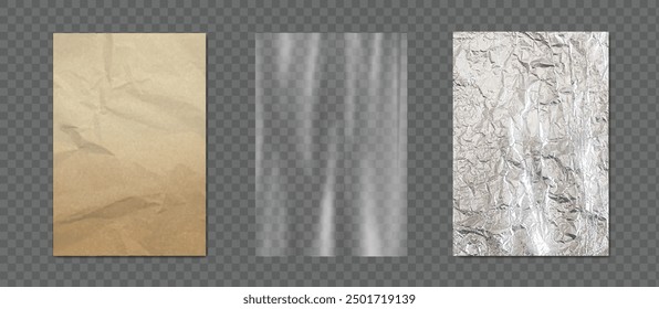 Paper, plastic and foil set. Crumpled wrinkled craft carton paper, transparent plastic tape, silver foil realistic textures. Vector realistic set