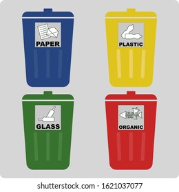 Paper, plastic, glass, organic bins for garbage sorting