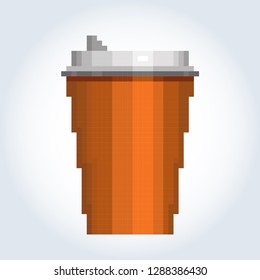 Paper or plastic orange coffee cup with a white lid. Gray-blue gradient background. Pixel art.