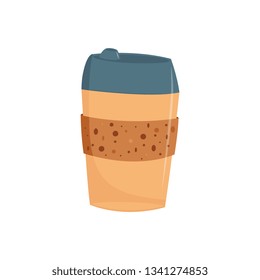 Paper or plastic take away cup of coffee with cap in flat style isolated on white background - vector illustration of cardboard mug of hot drink to go for breakfast or coffee break.
