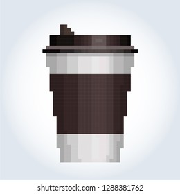 Paper or plastic white coffee cup with a brown label and brown lid. Gray-blue gradient background. Pixel art.
