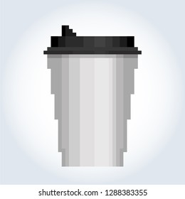 Paper or plastic white coffee cup with a black lid. Gray-blue gradient background. Pixel look art. Vector.