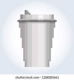 Paper or plastic white coffee cup with a white lid. Gray-blue gradient background. Pixel look art. Vector.
